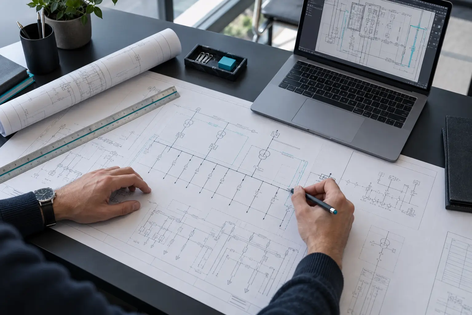 Étude de plans et schémas électriques dans un bureau d'études